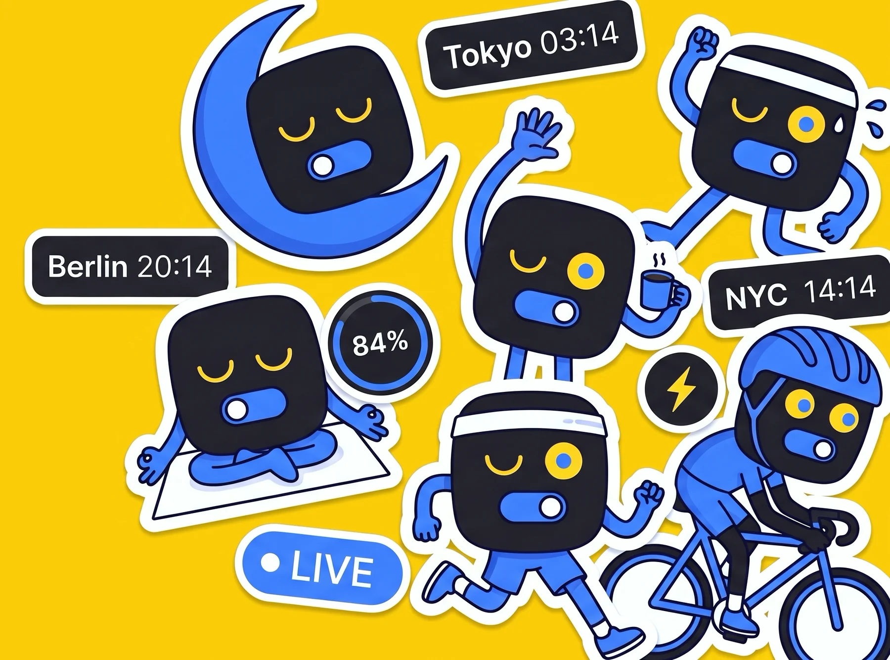 Sticker characters with toggle mouths: one asleep on a moon, one meditating beside an 84% recovery ring, one waking up with coffee, a runner and a cyclist, with clock tags for Tokyo, Berlin and New York